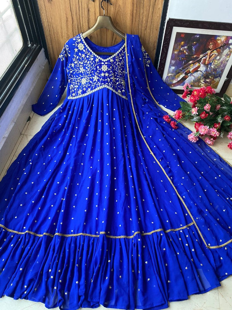 Blue georgette embroidered ruffle layered anarkali suit