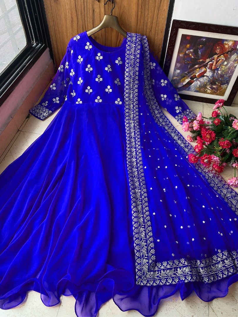 Blue georgette embroidered umbrella flair gown