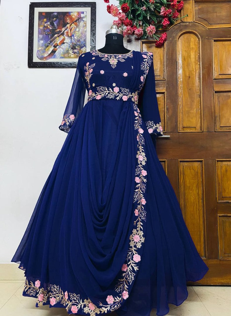Blue georgette embroidery work party wear gown
