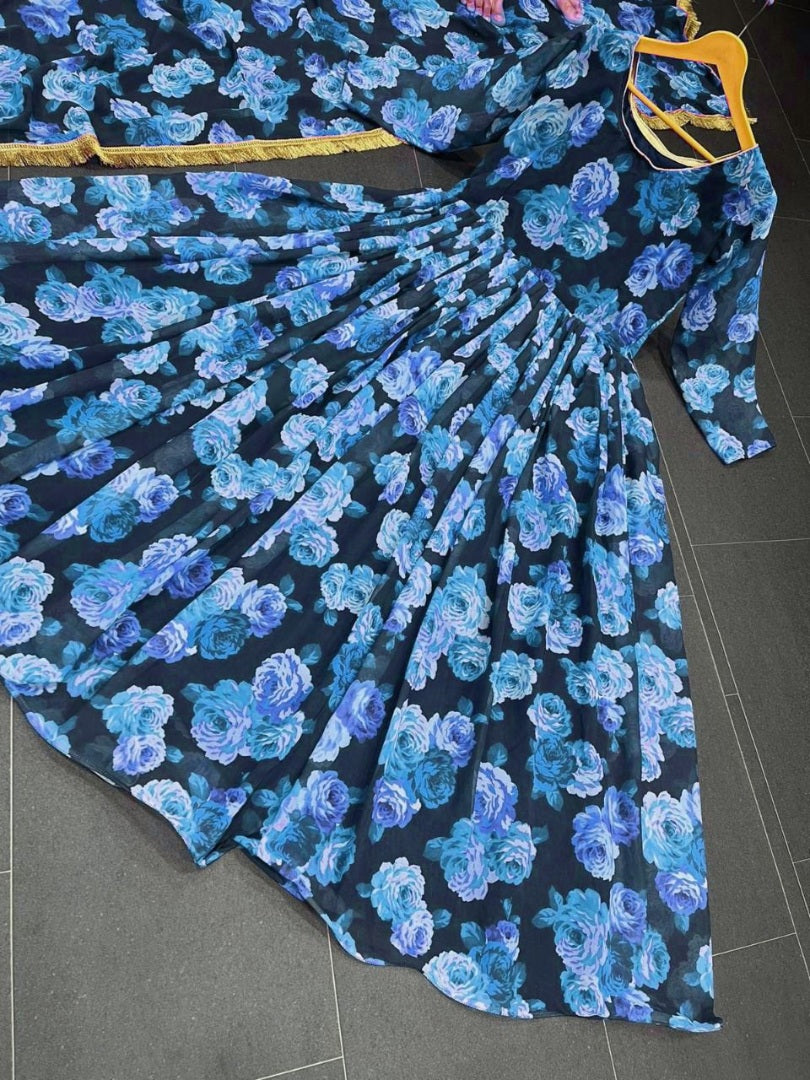 Blue georgette floral printed long anarkali suit