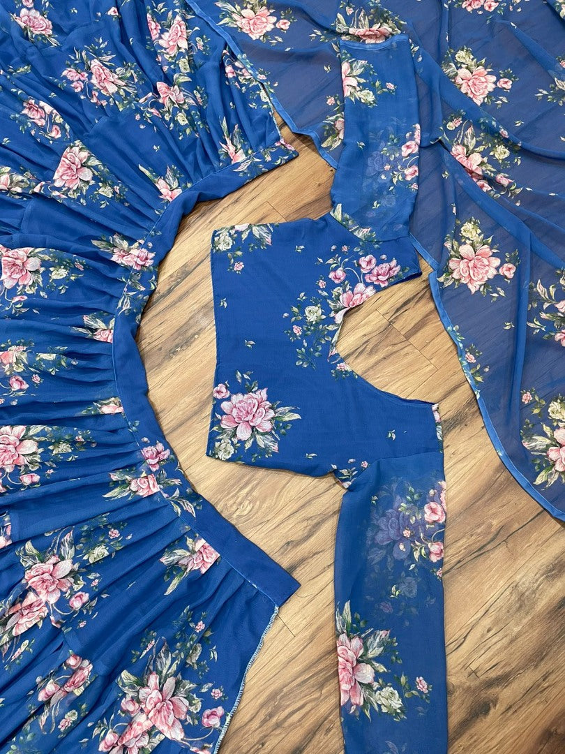 Blue georgette flower printed ruffle layer lehenga choli
