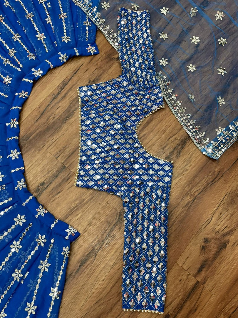 Blue georgette heavy embroidered wedding lehenga choli