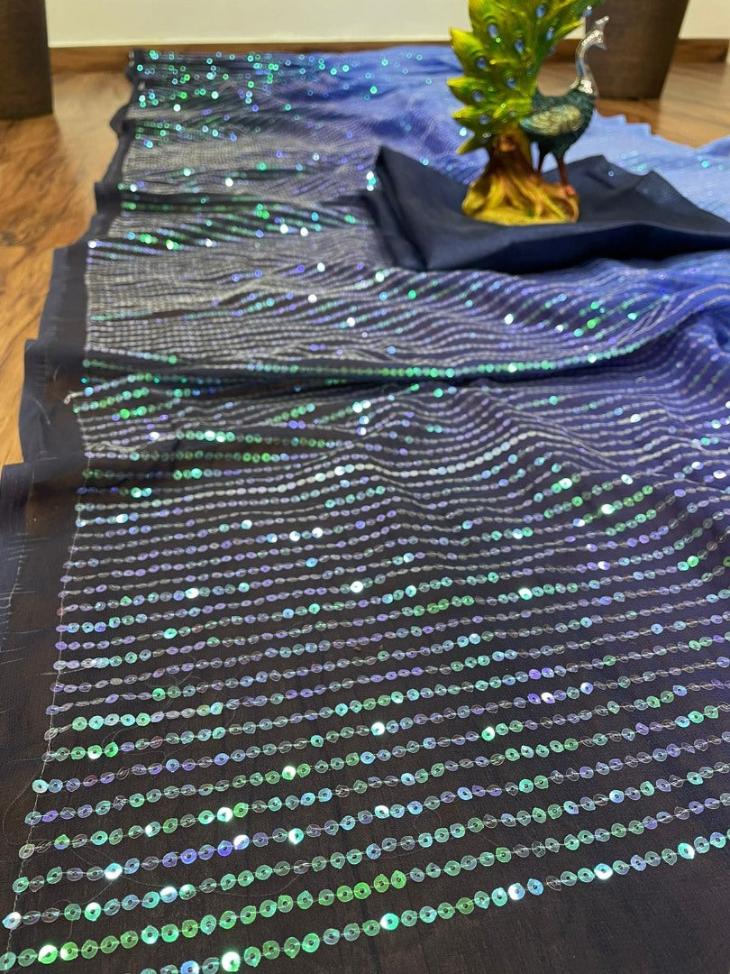 Blue georgette heavy sequence work partywear saree