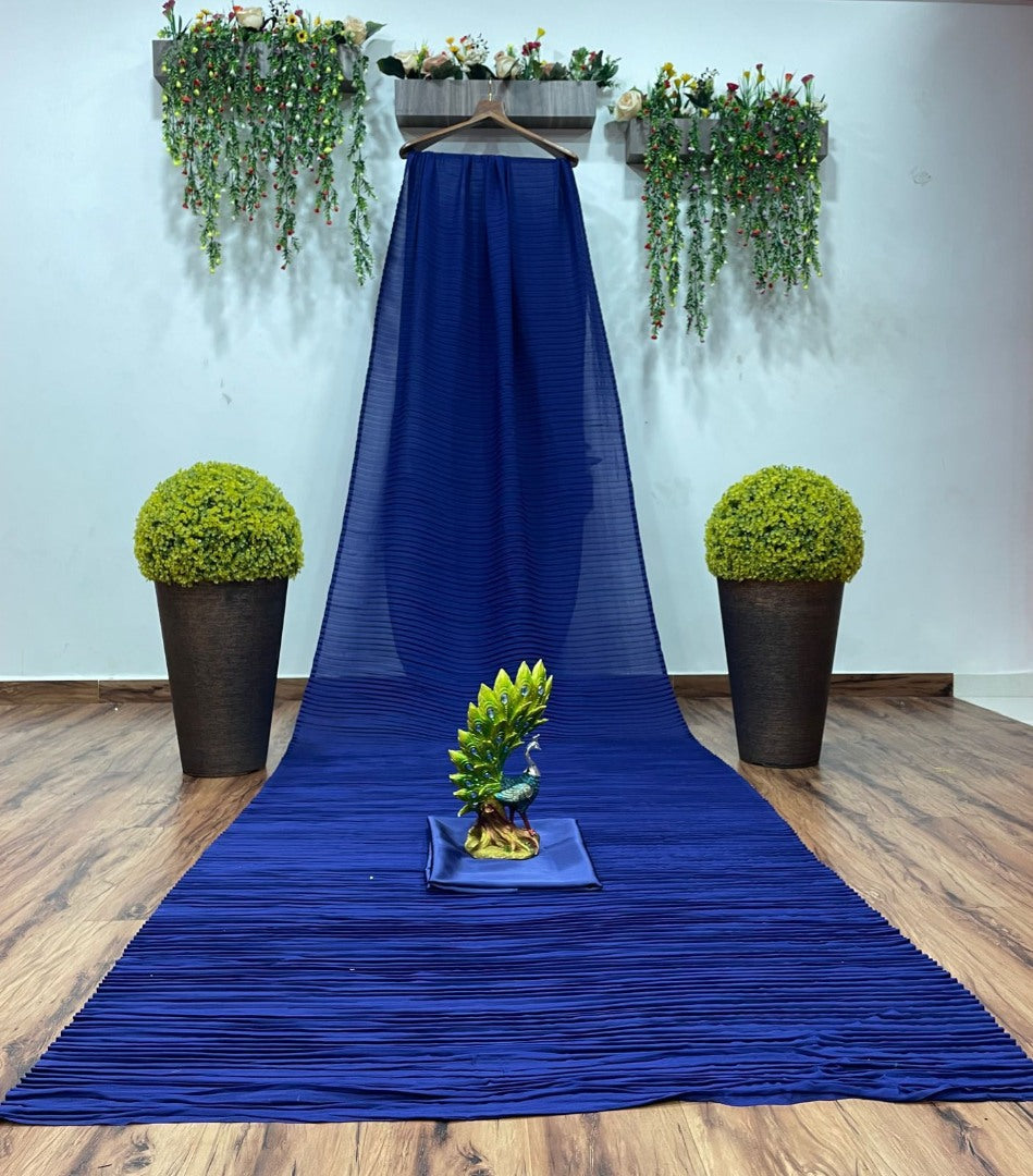 Blue georgette pleated partywear saree