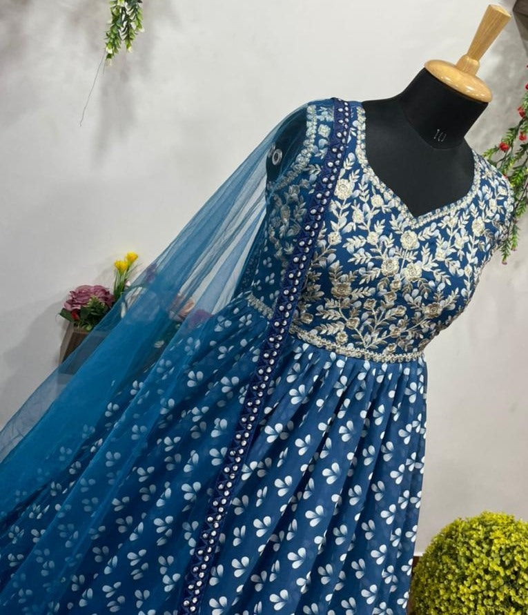 Blue georgette printed and embroidered gown