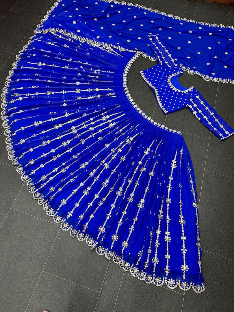 Blue georgette sequence embroidery work wedding lehenga choli