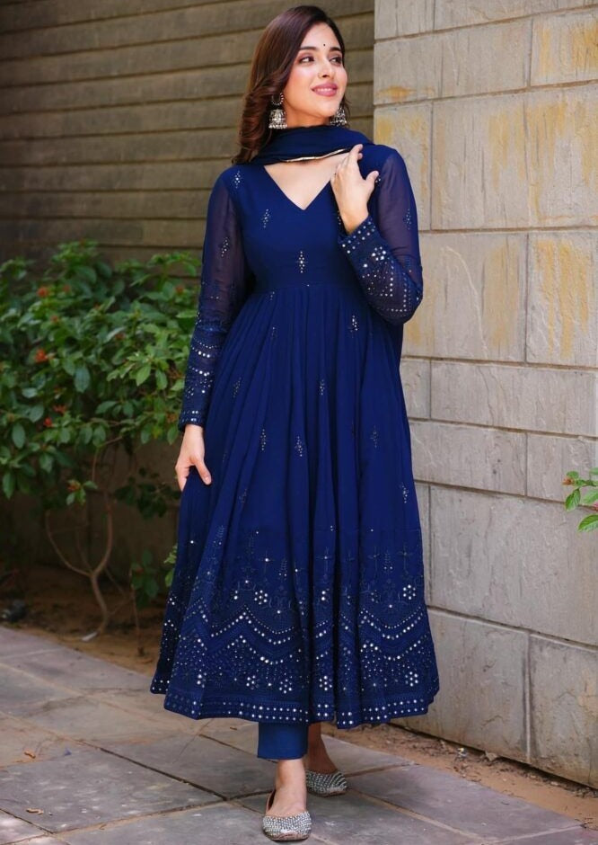 Blue georgette thread sequence work party wear anarkali suit