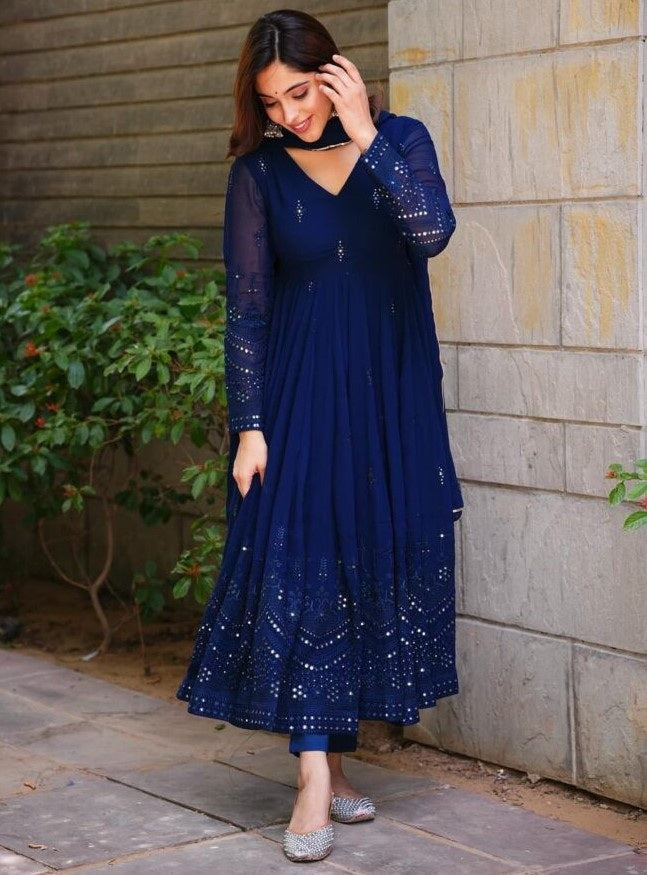 Blue georgette thread sequence work party wear anarkali suit