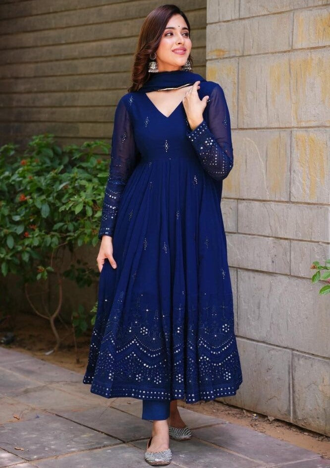 Blue georgette thread sequence work party wear anarkali suit