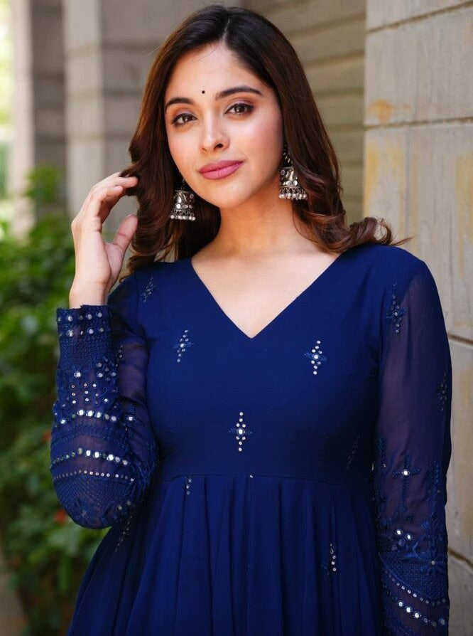 Blue georgette thread sequence work party wear anarkali suit