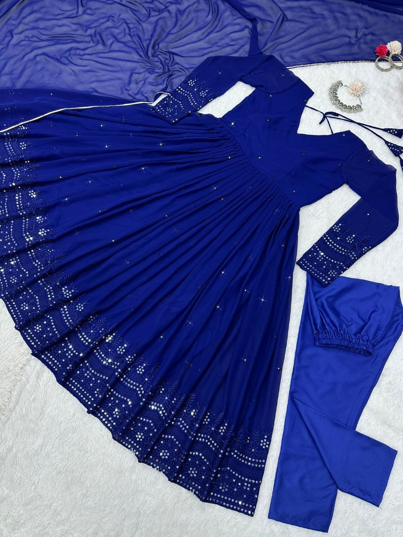 Blue georgette thread sequence work party wear anarkali suit