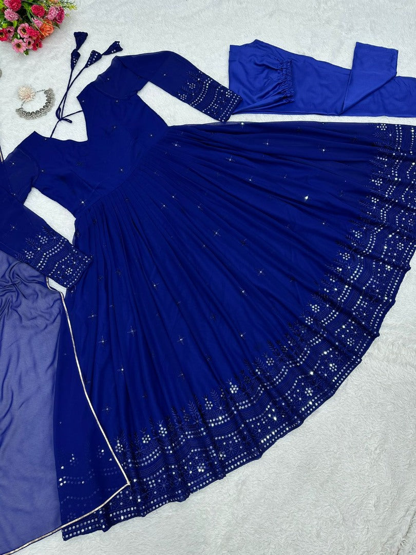 Blue georgette thread sequence work party wear anarkali suit