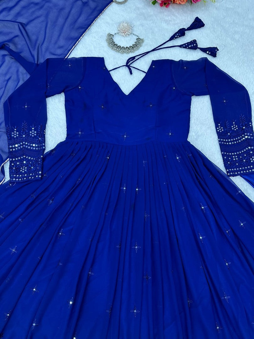 Blue georgette thread sequence work party wear anarkali suit