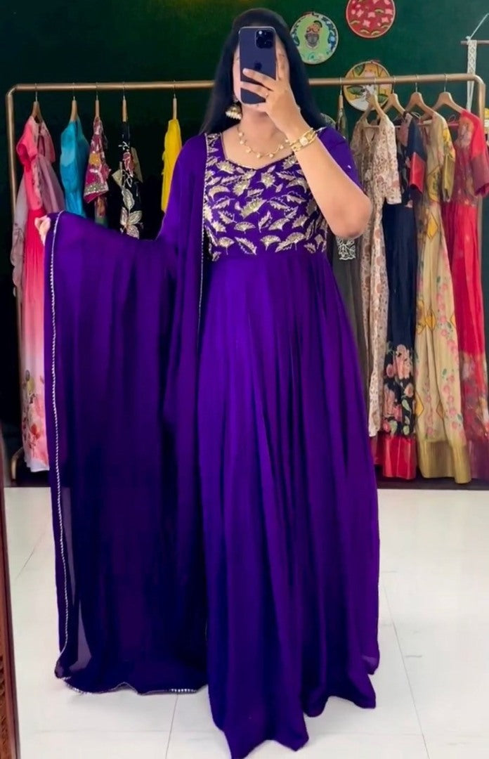 Blue georgette thread work anarkali suit