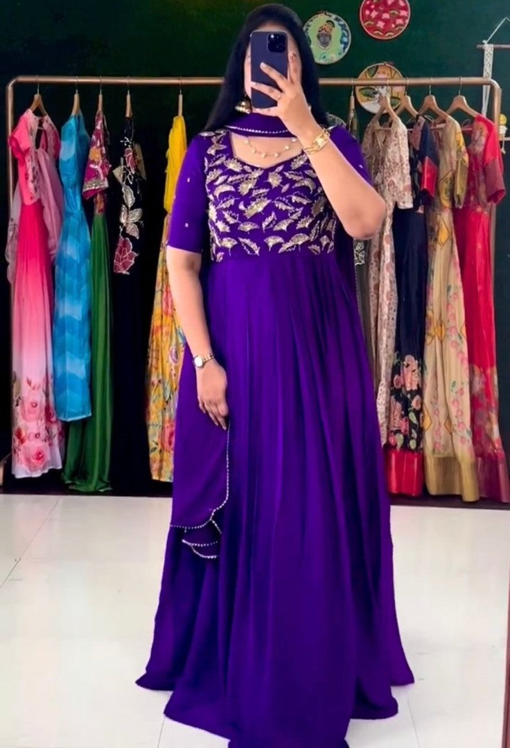 Blue georgette thread work anarkali suit