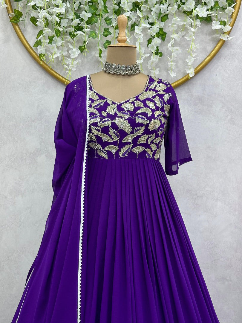 Blue georgette thread work anarkali suit