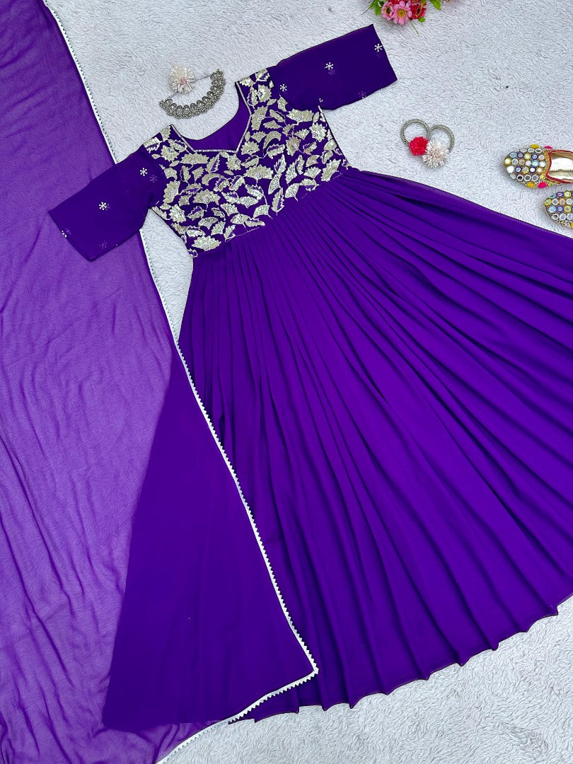 Blue georgette thread work anarkali suit