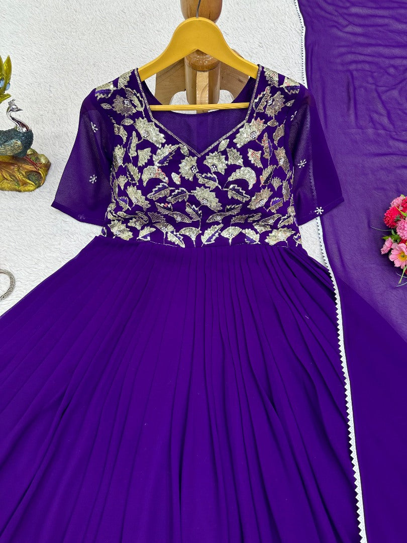 Blue georgette thread work anarkali suit