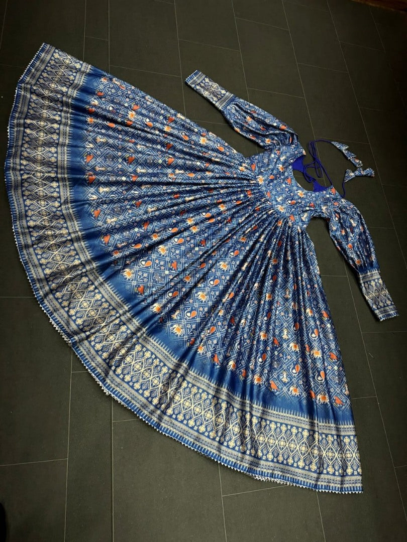 Blue gota zari printed long gown