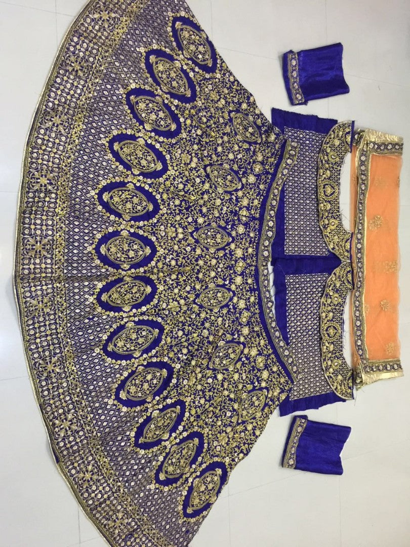 blue heavy banglori satin silk heavy embroidered bridal lehenga