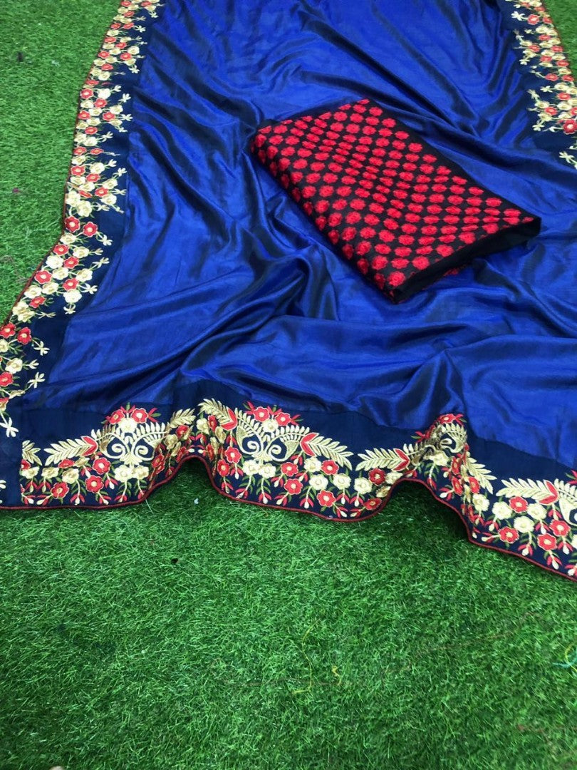 blue heavy sana silk embroidered wedding saree