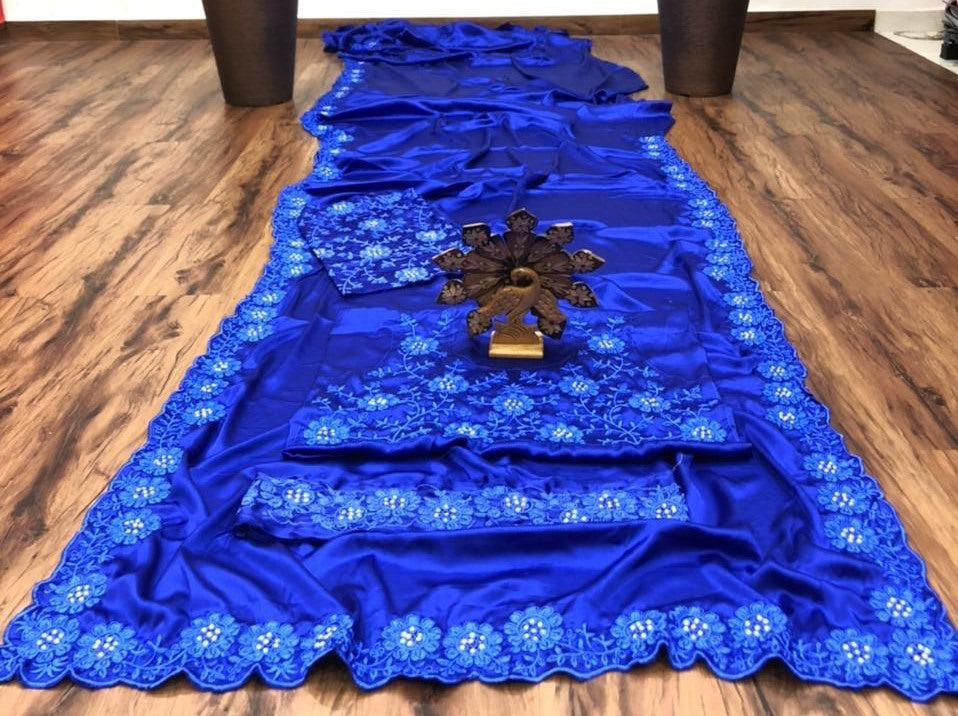 Blue heavy satin silk embroidered partywear saree