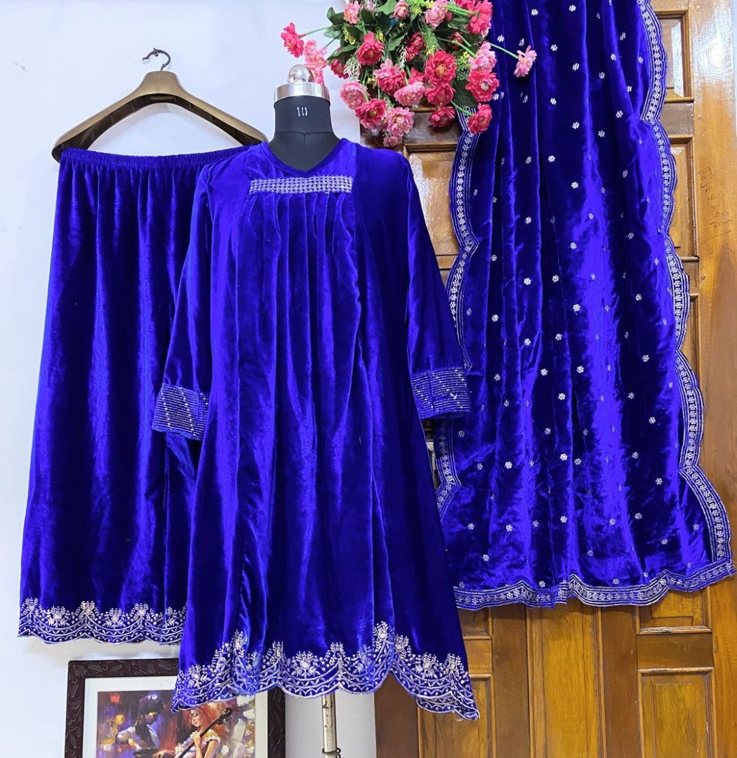 Blue heavy velvet embroidered work designer plazzo suit