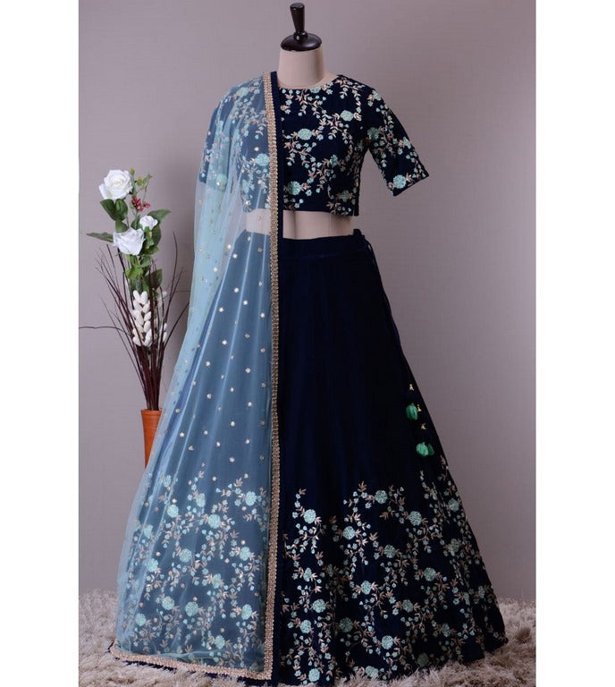 Blue malbari silk heavy embroidered wedding lehenga