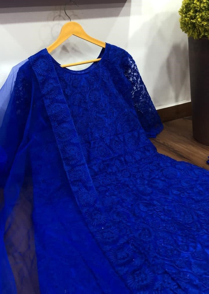Blue net chain embroidery work heavy gown