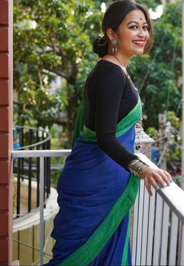 Blue original chanderi linen digital printed work saree