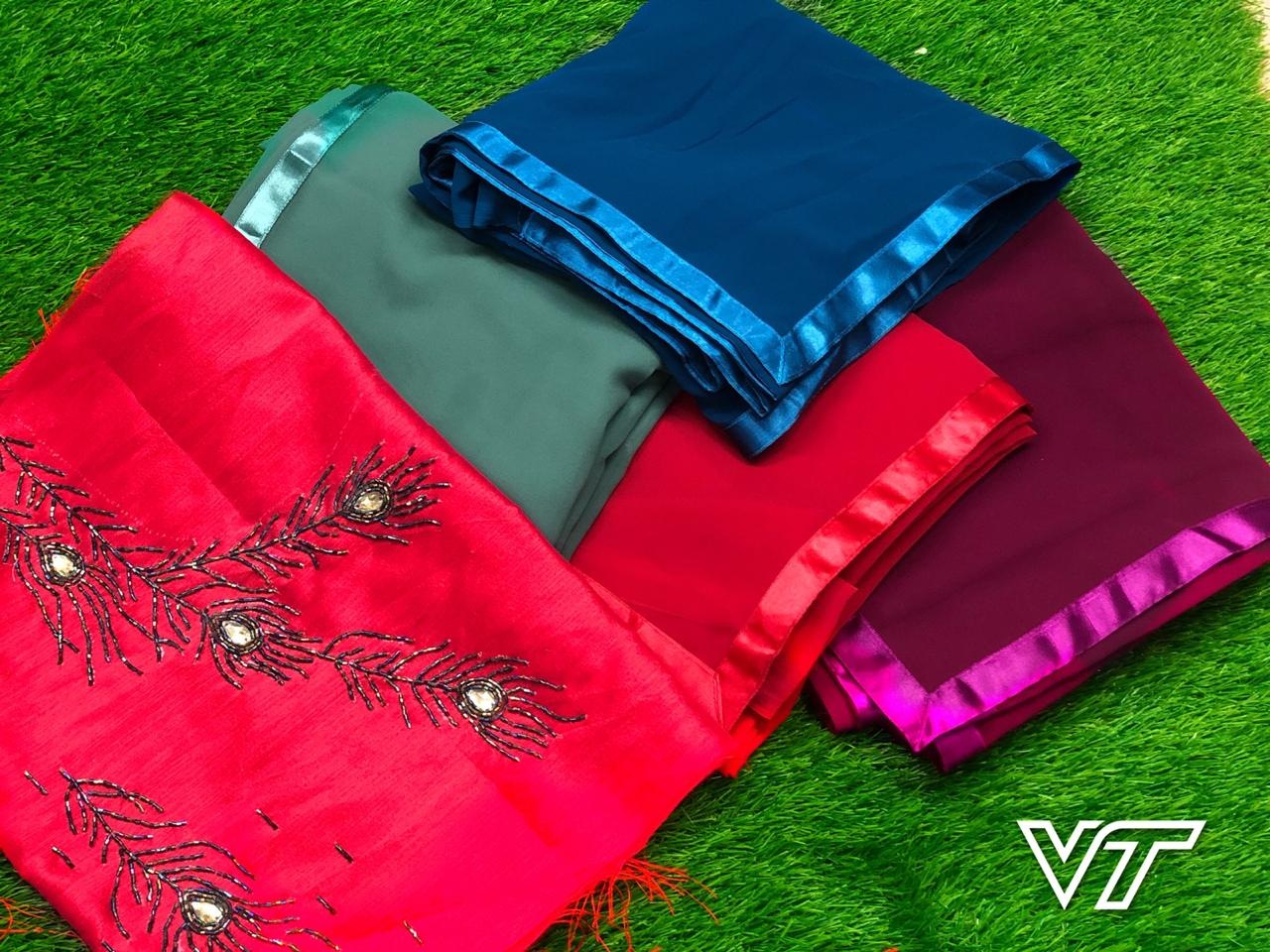 Blue pure georgette satin lace border saree with handwork blouse