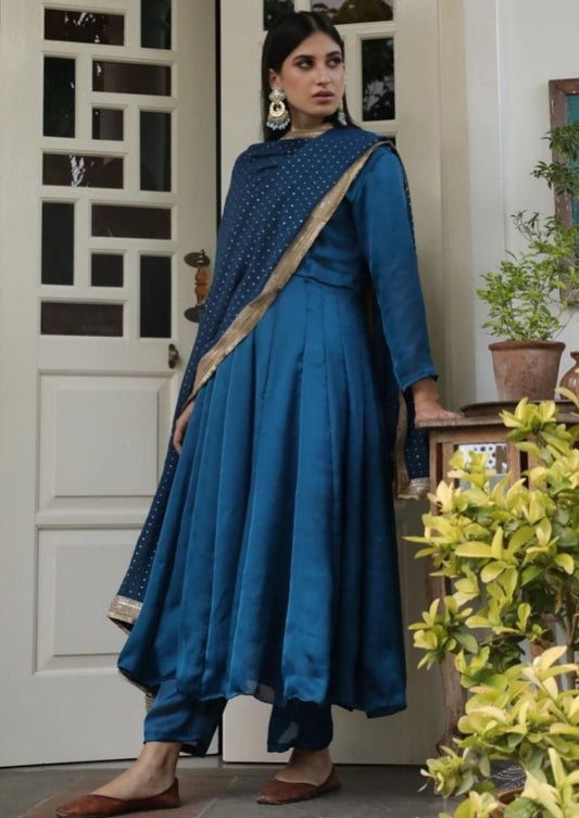 Blue rangoli satin plain partywear anarkali suit