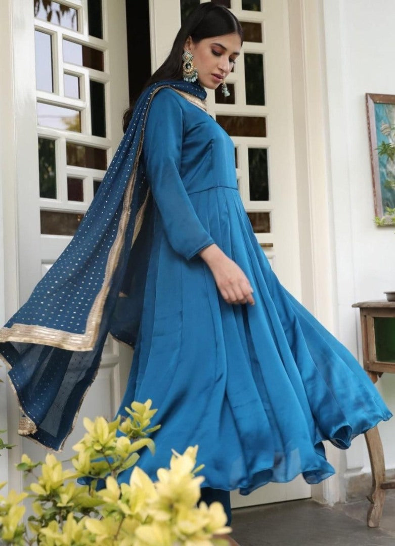 Blue rangoli satin plain partywear anarkali suit