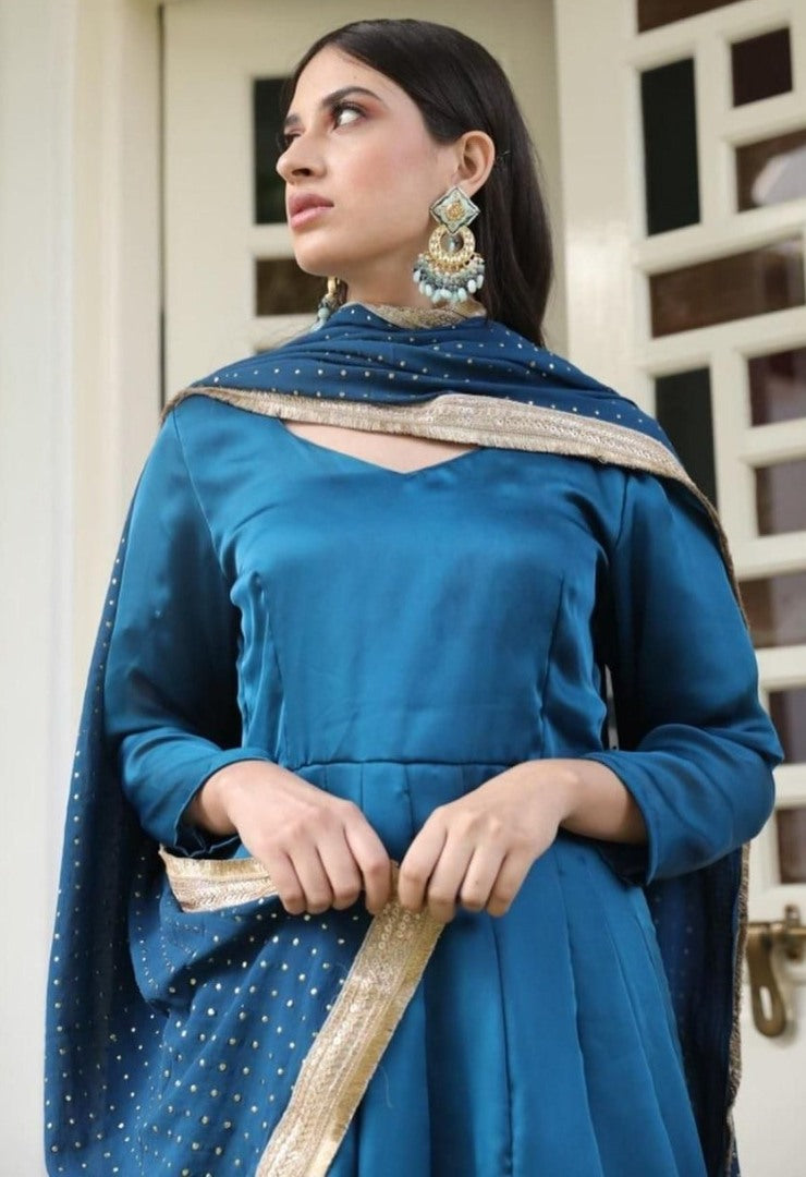 Blue rangoli satin plain partywear anarkali suit