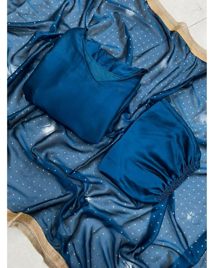 Blue rangoli satin plain partywear anarkali suit