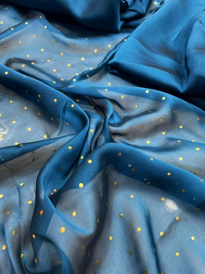 Blue rangoli satin plain partywear anarkali suit