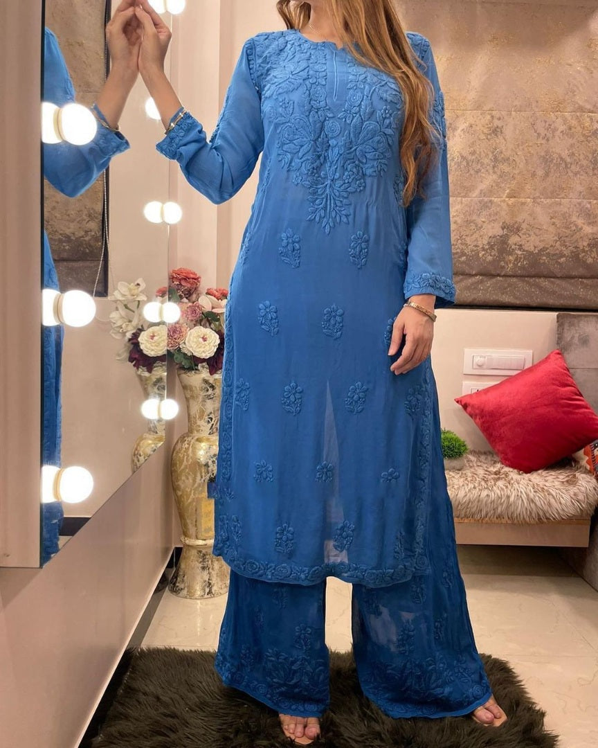 Blue rayon chain stitch work palazzo kurti