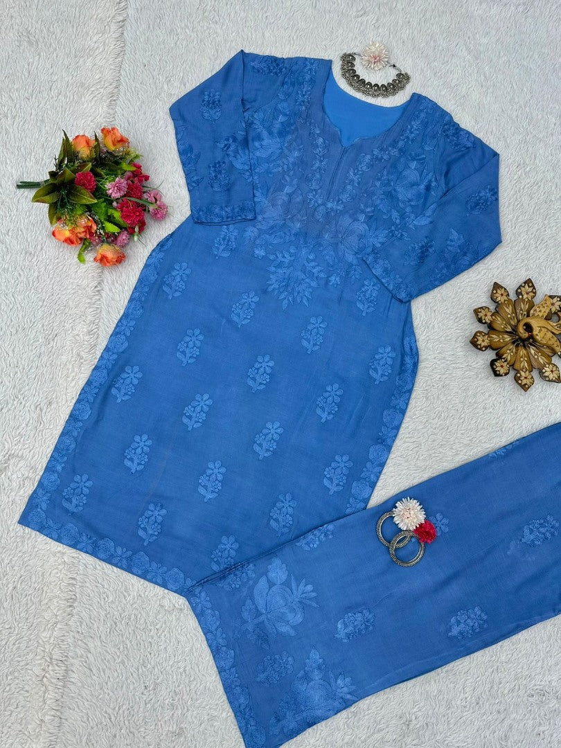Blue rayon chain stitch work palazzo kurti