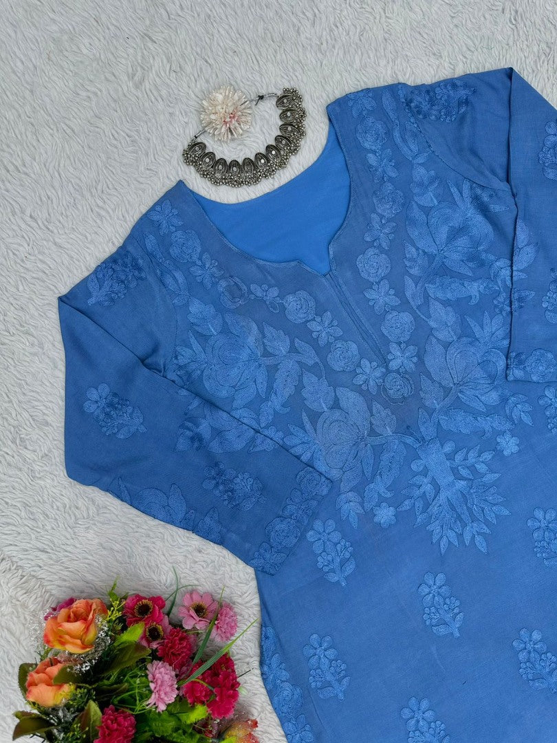 Blue rayon chain stitch work palazzo kurti