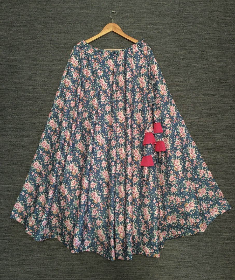 Blue rayon cotton digital flower printed skirt