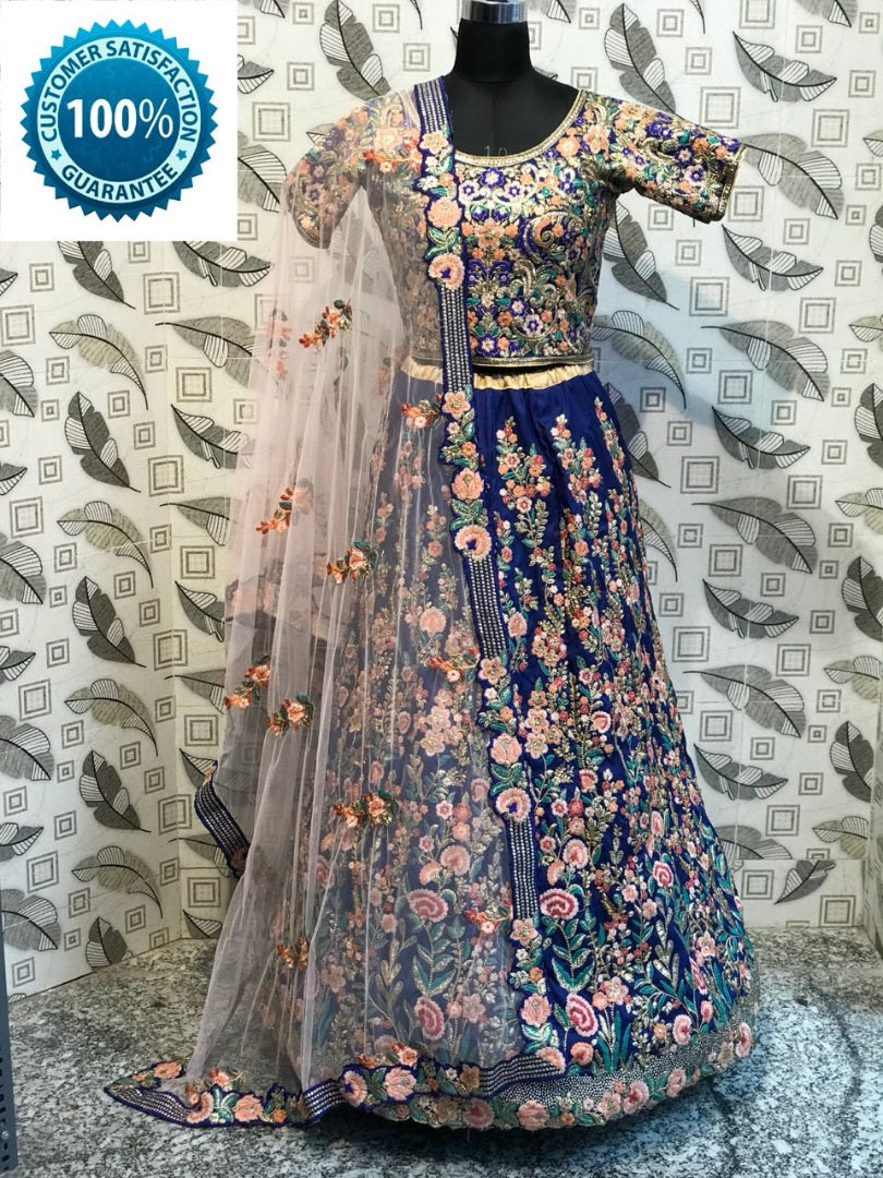 blue rubi silk heavy embroidered wedding bridal lehenga