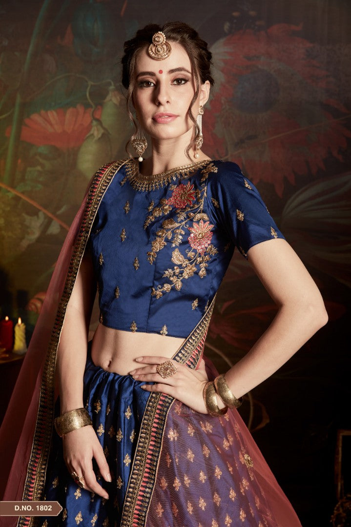 blue satin designer embroidered wedding lehenga choli
