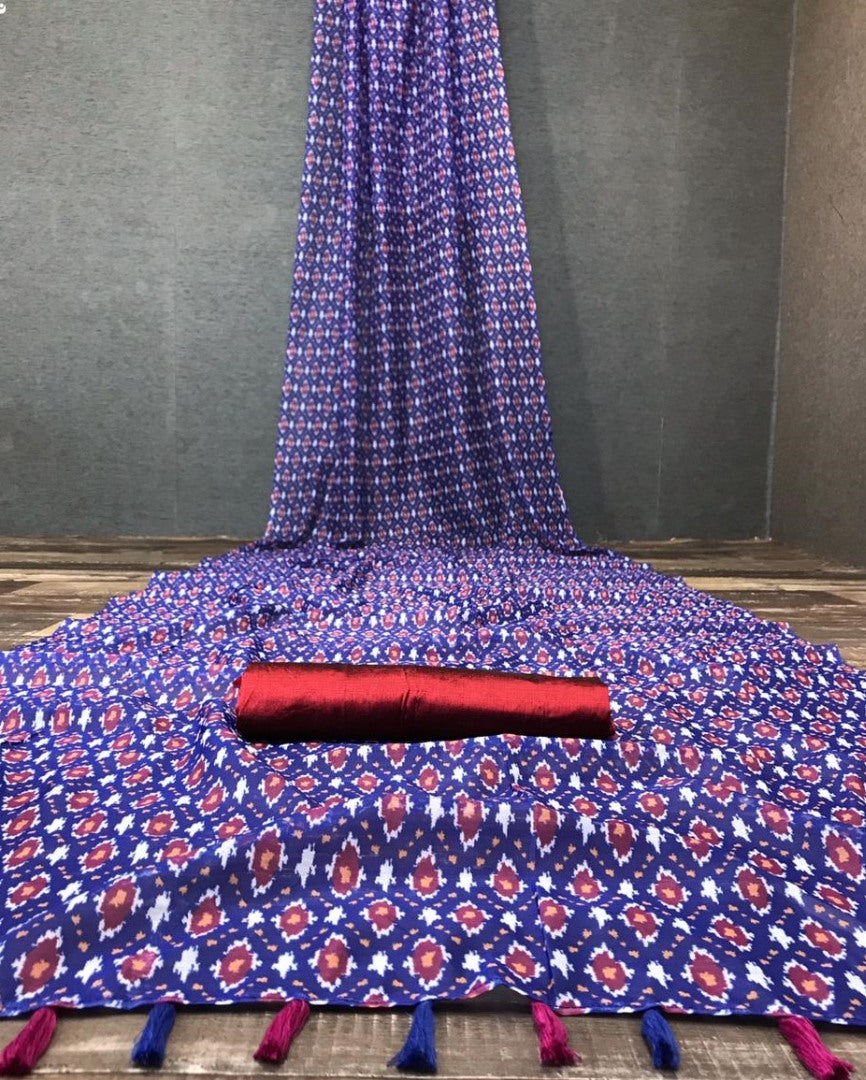 Blue semi chanderi linen digital printed saree