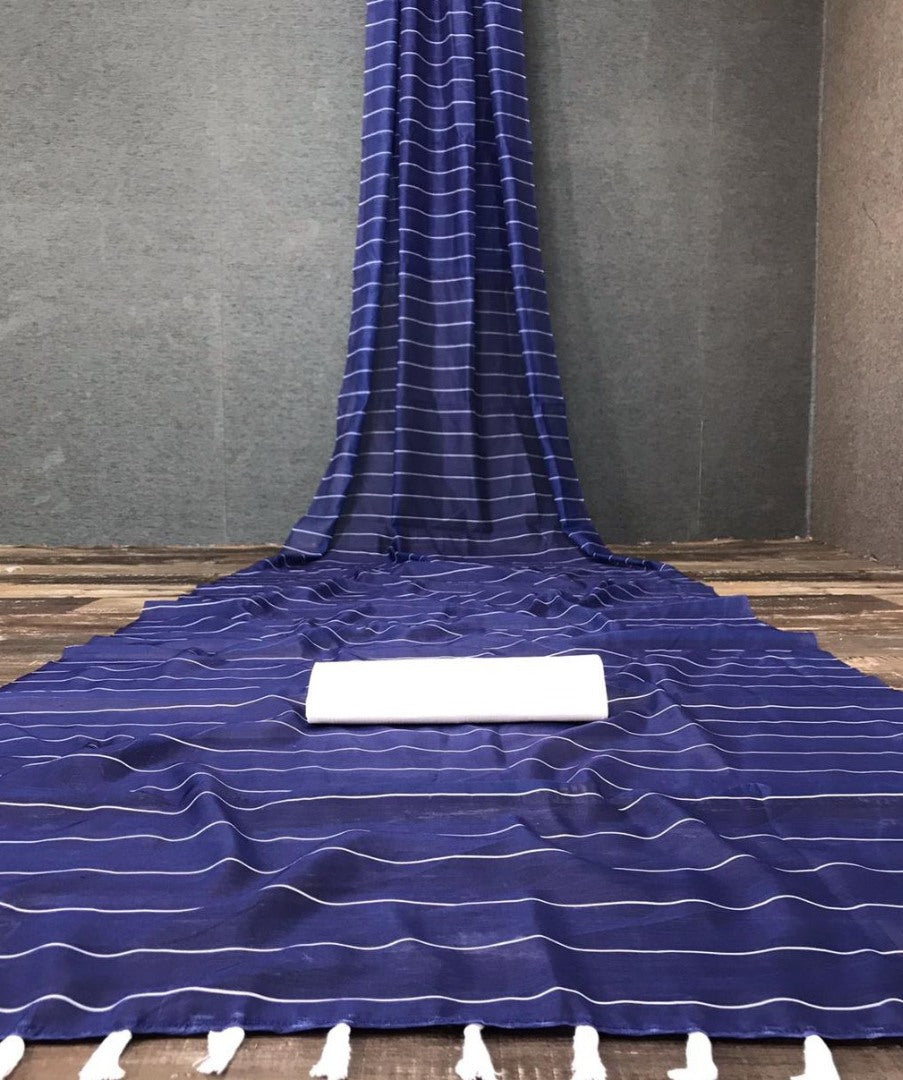 Blue semi chanderi linen digital printed work saree