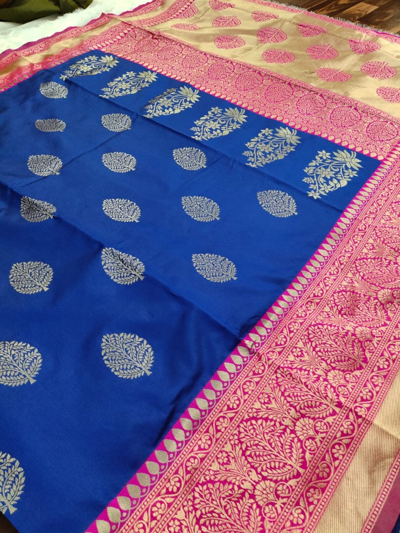Blue soft kanjiwaram jacquard weaving work ceremonial saree