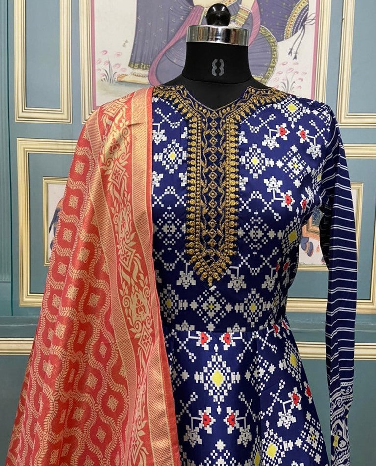 Blue taffeta silk digital printed gown