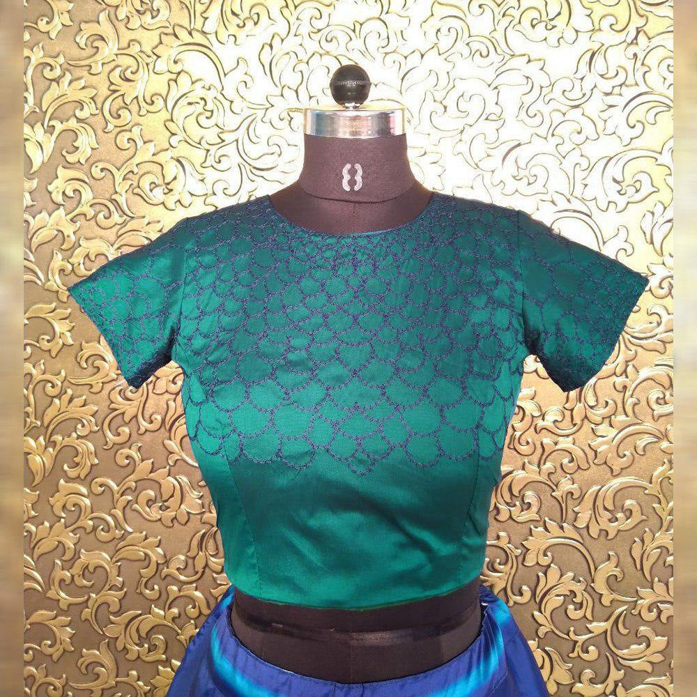 blue tapeta silk digital printed crop top lehenga