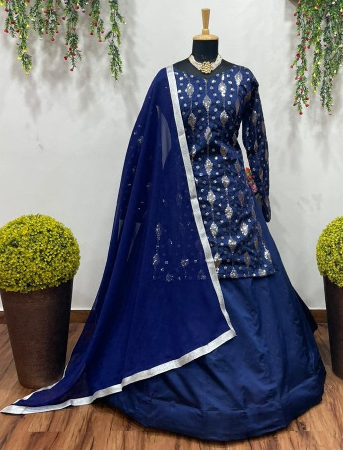 Blue tapeta silk lehenga suit