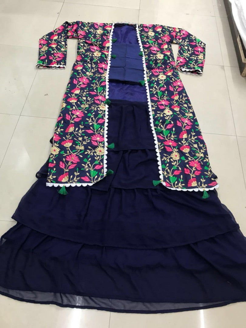 Blue tapta silk embroidered bollywood indowestern lehenga suit