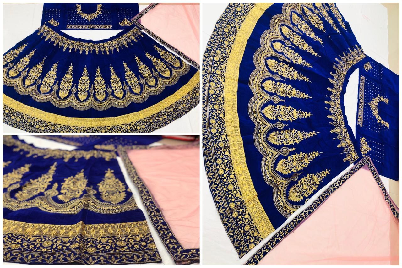 Blue velvet heavy embroidered bridal lehenga choli